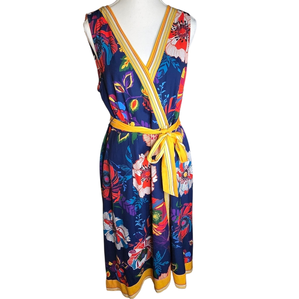 NWT Umgee Colorful Boho Floral Faux Wrap Midi Dress With Tie Waist Size Large